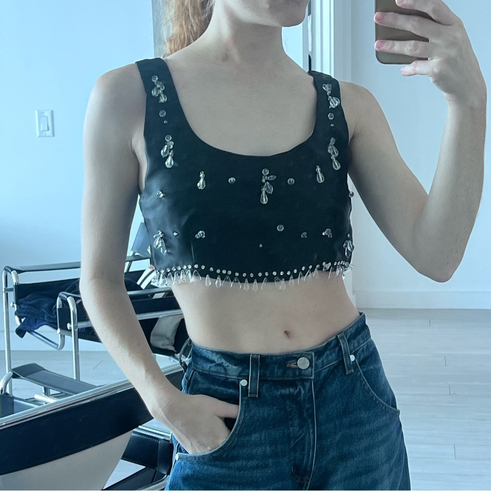 Zara Black Embellished Scoop Neck Crop Top